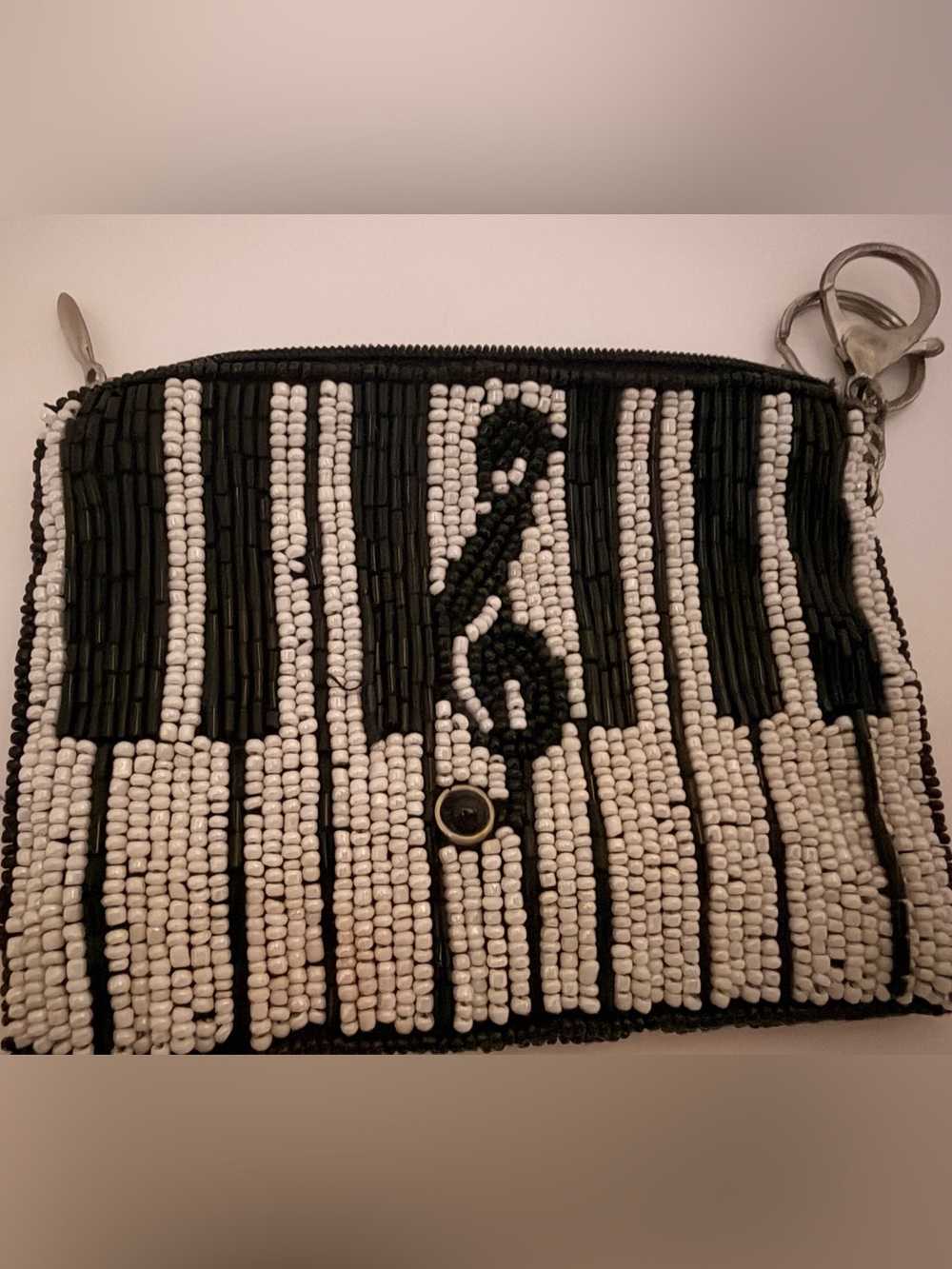 🎶Mary Frances Black and Cream Beaded Clutch with Button Snap